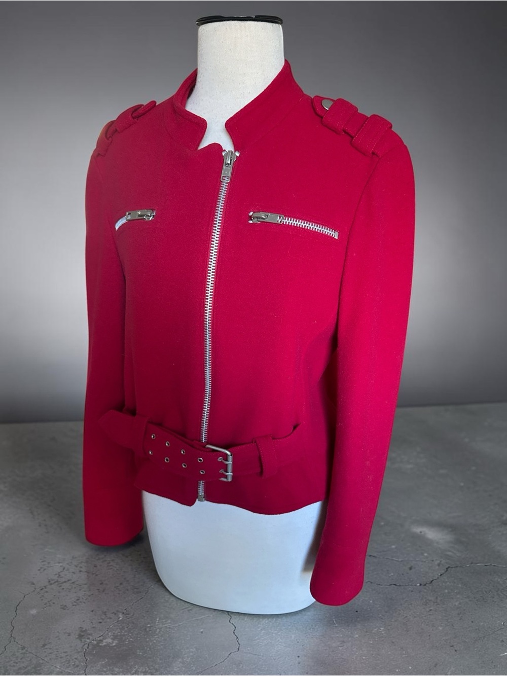 David N Vintage Vibrant Red Wool Belted Moto Jacket Silver Zips Size 4